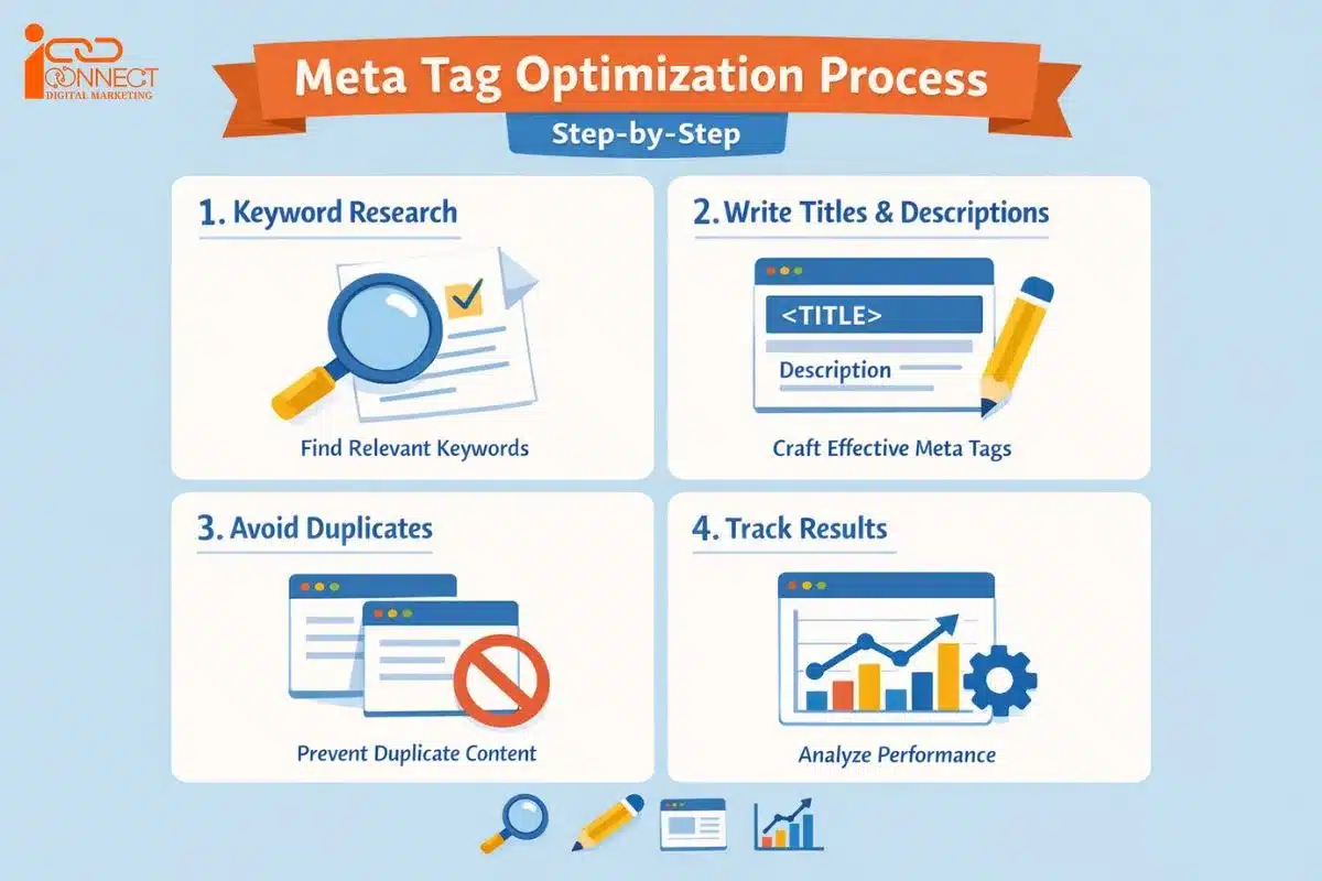 Infographic showing the four-step meta tag optimization process: keyword research, writing titles and descriptions, avoiding duplicates, and tracking results