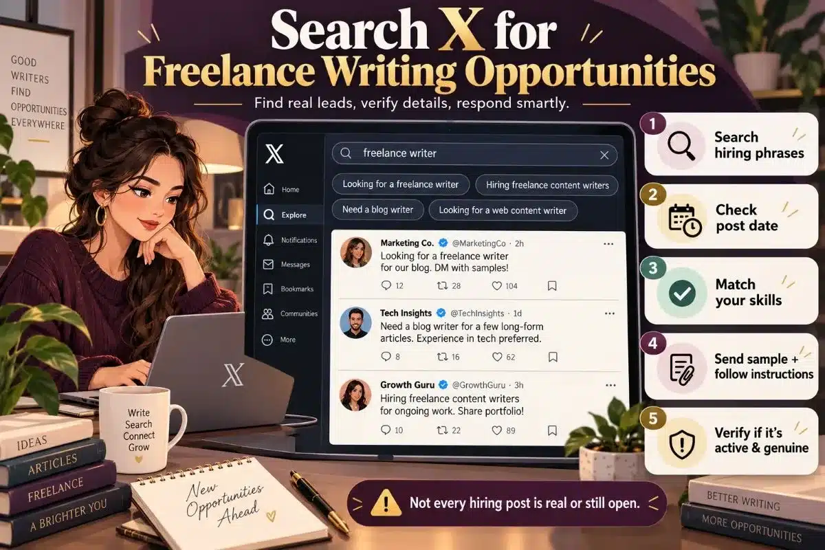 Infographic showing five steps to find freelance writing opportunities on X, including searching hiring phrases, checking post dates, sharing samples, and verifying listings.