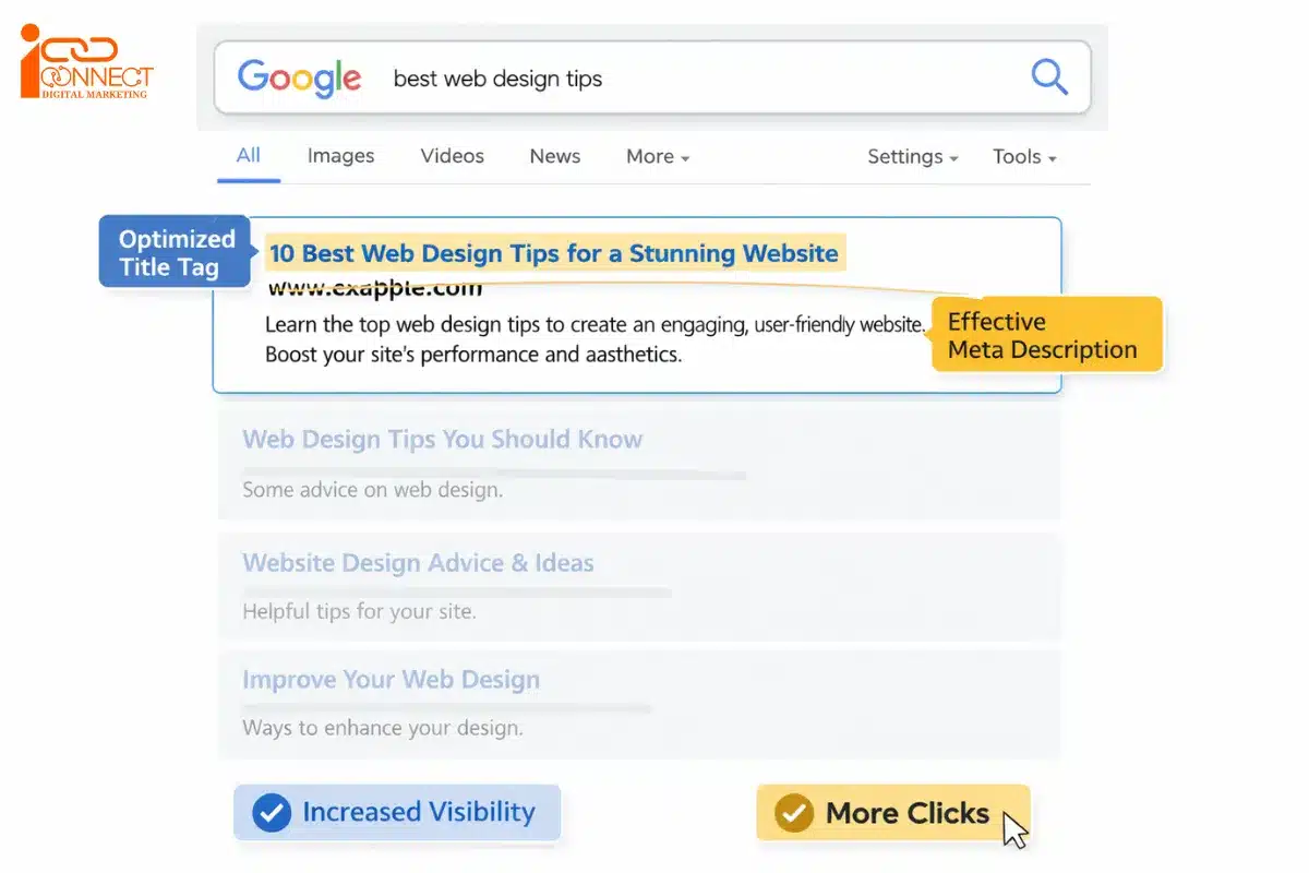 Illustration of a Google search result highlighting an optimized title tag and meta description