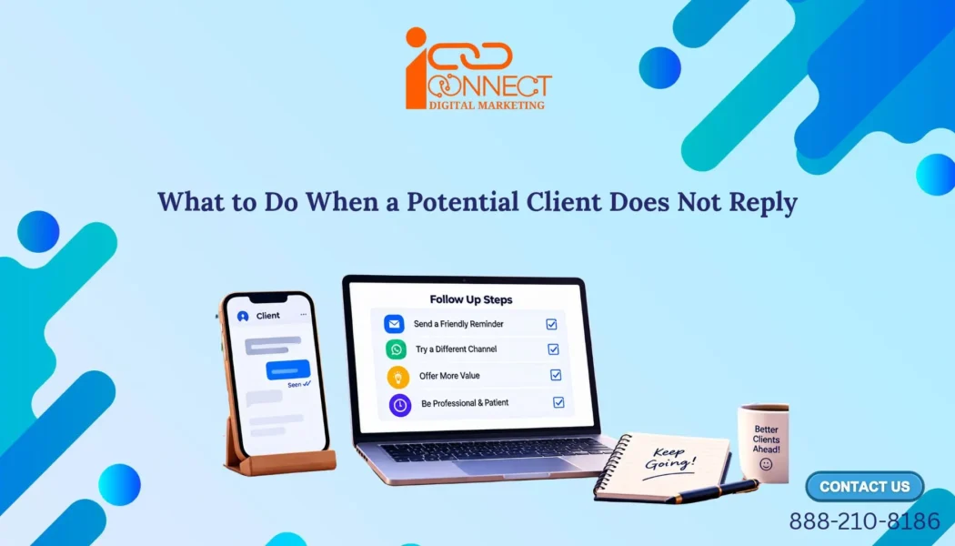 Illustration of a laptop displaying follow-up steps when a potential client does not reply, including sending a reminder and staying professional.