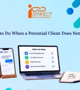 Illustration of a laptop displaying follow-up steps when a potential client does not reply, including sending a reminder and staying professional.
